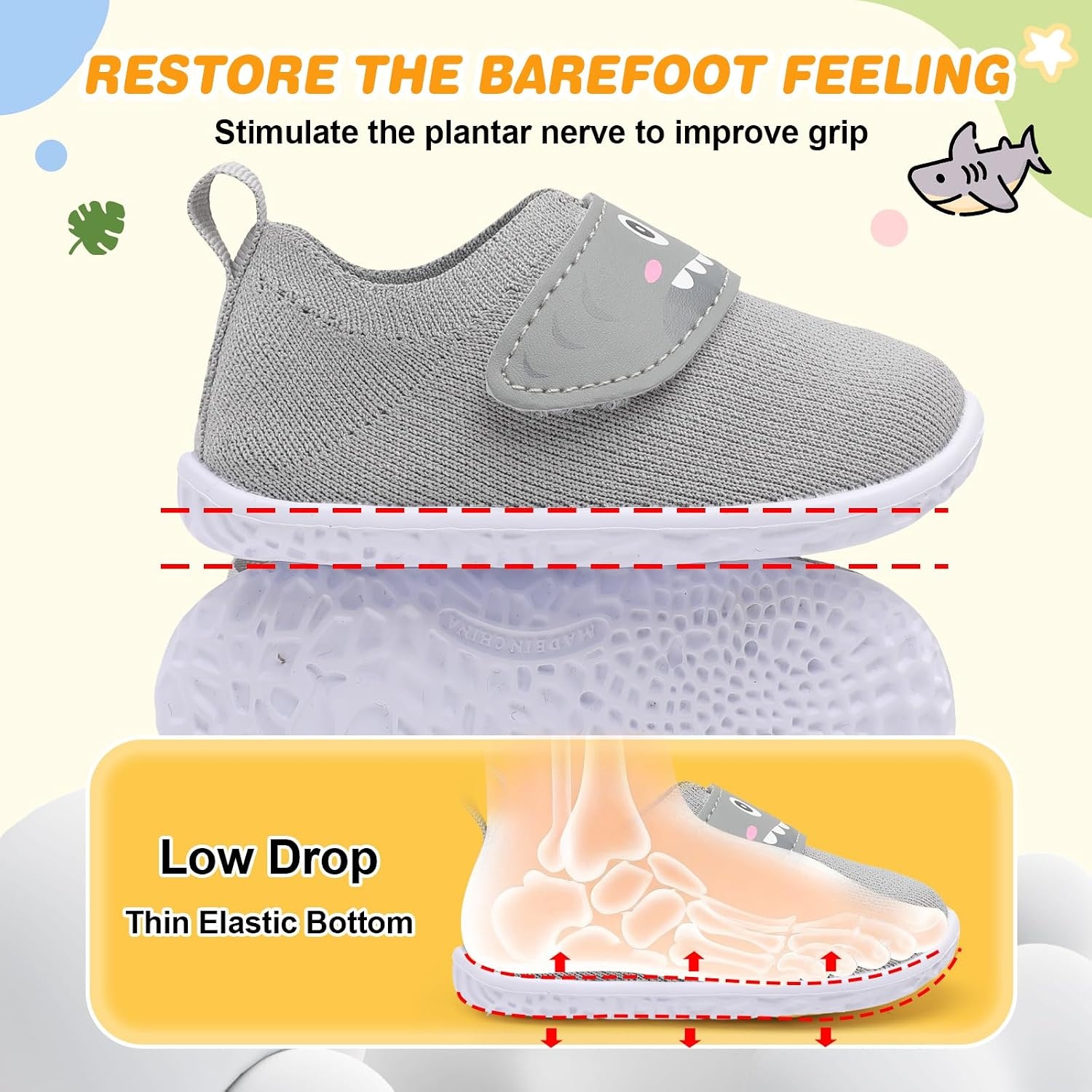 image:imageLRUN Baby Barefoot Walking Shoes Cute Shark Breathable LightweightGrey