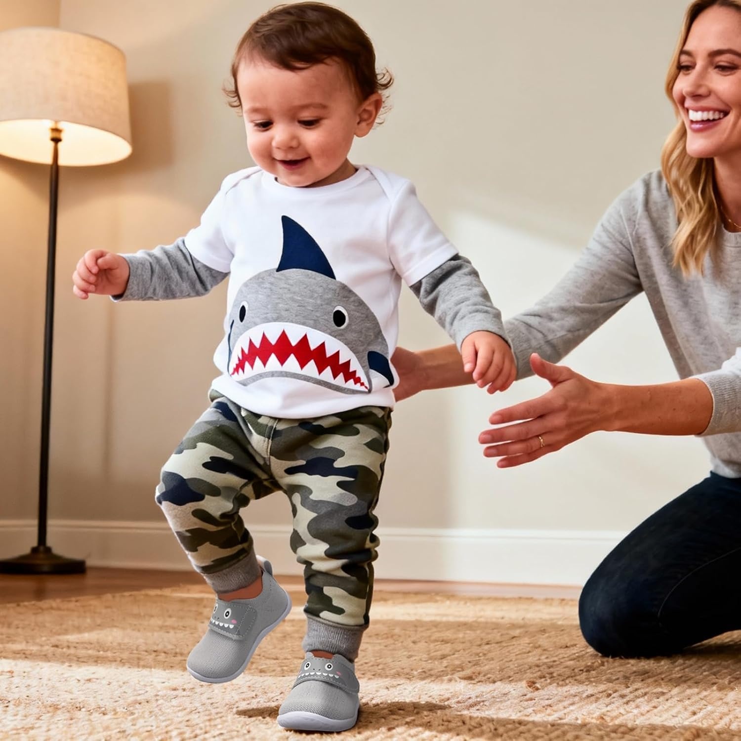 image:imageLRUN Baby Barefoot Walking Shoes Cute Shark Breathable LightweightGrey