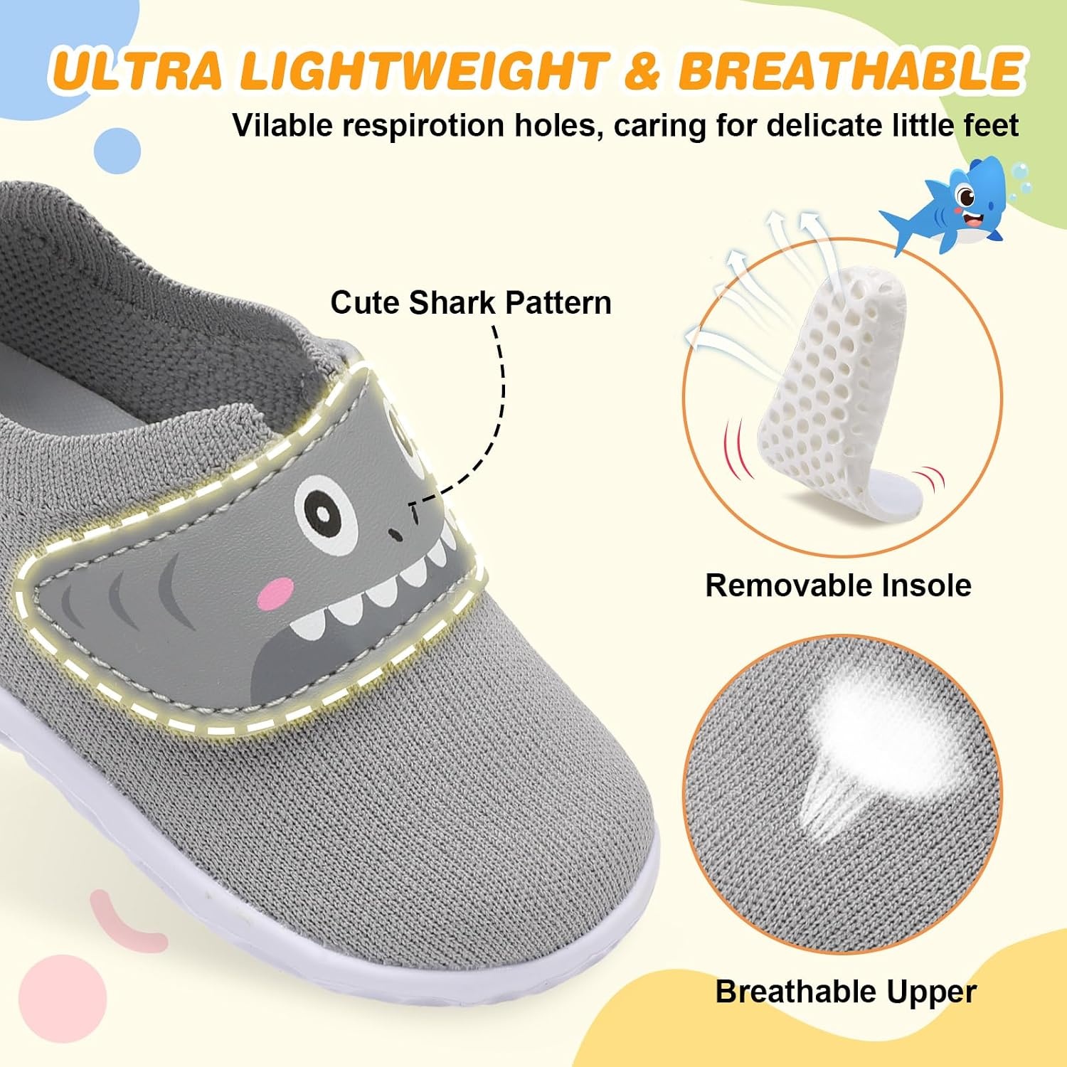 image:imageLRUN Baby Barefoot Walking Shoes Cute Shark Breathable LightweightGrey