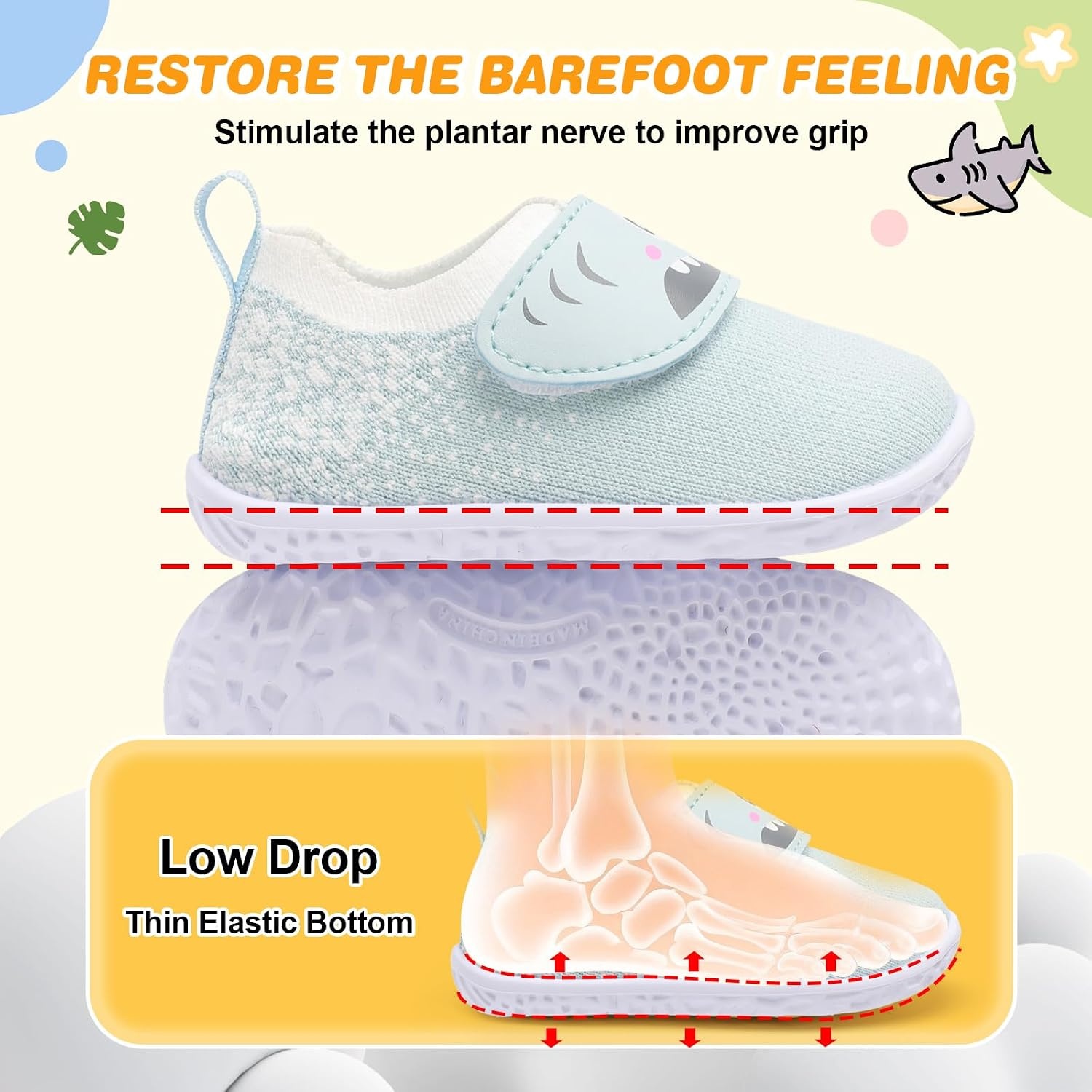 image:imageLRUN Baby Barefoot Walking Shoes Cute Shark Breathable LightweightLight Blue