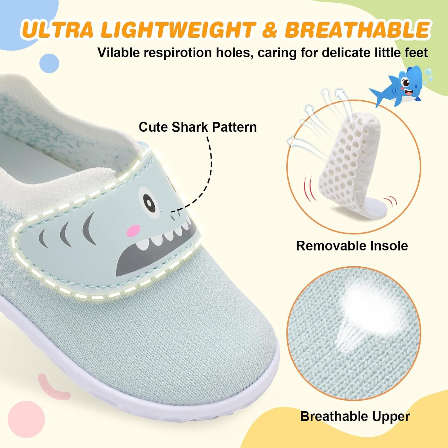image:imageLRUN Baby Barefoot Walking Shoes Cute Shark Breathable LightweightLight Blue