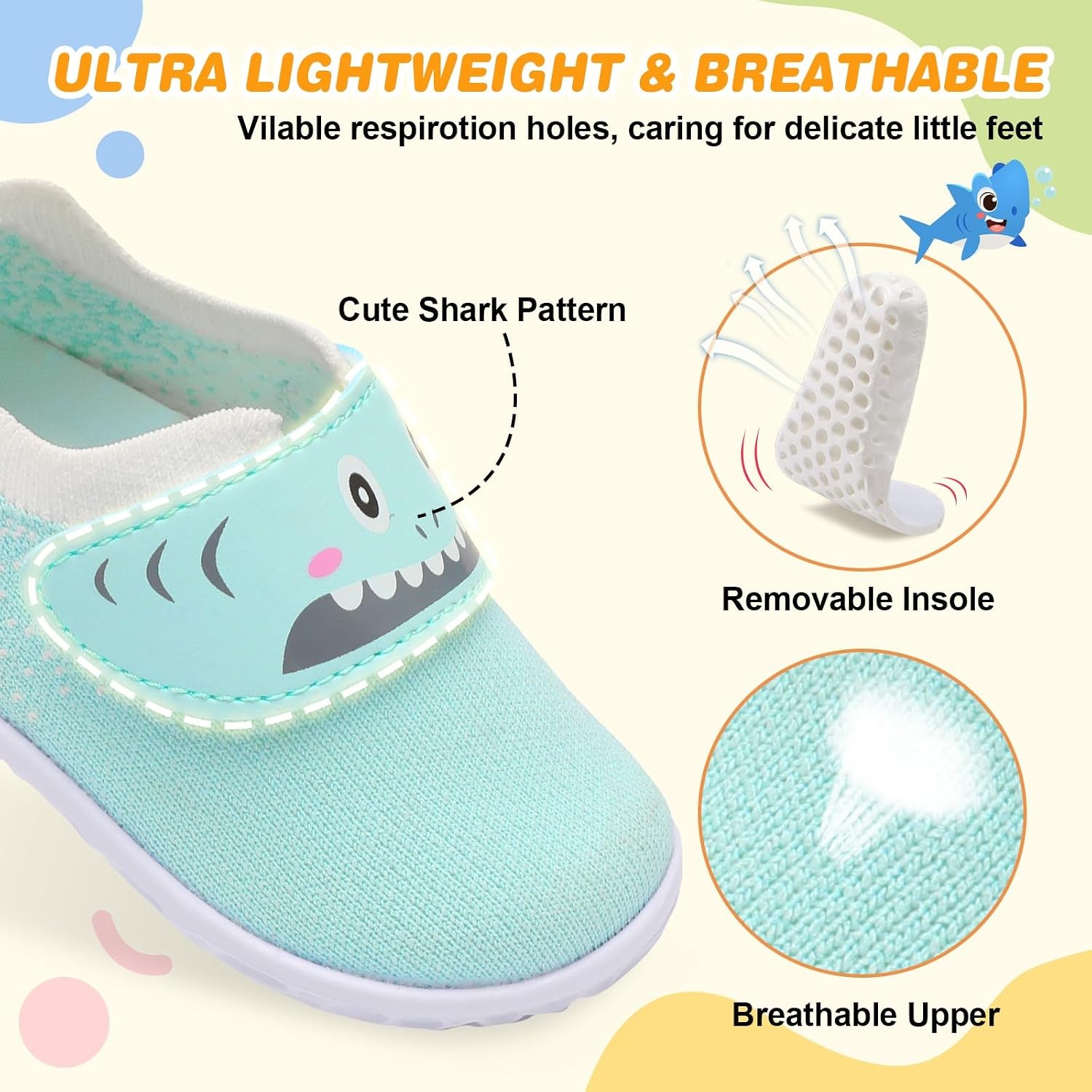 image:imageLRUN Baby Barefoot Walking Shoes Cute Shark Breathable LightweightMint Green