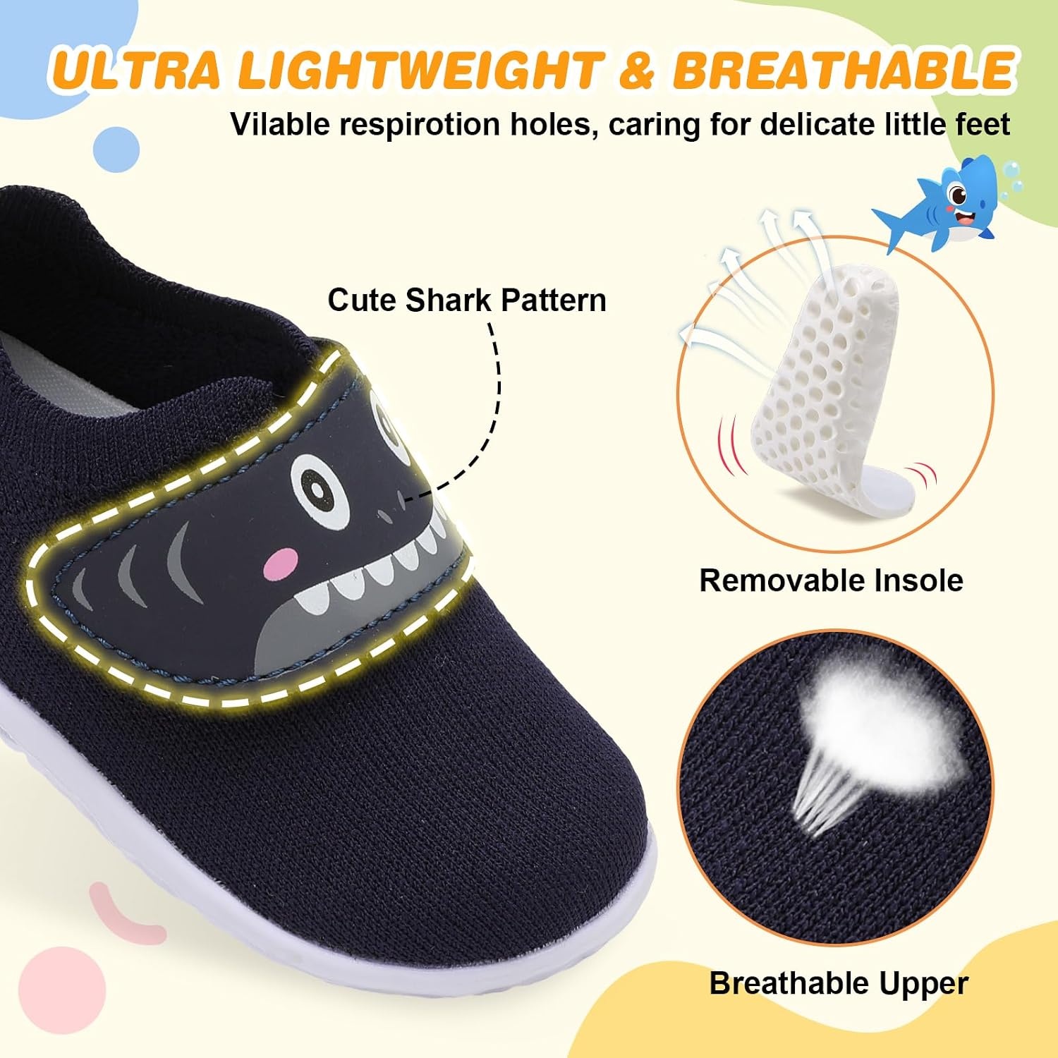 image:imageLRUN Baby Barefoot Walking Shoes Cute Shark Breathable LightweightNavy