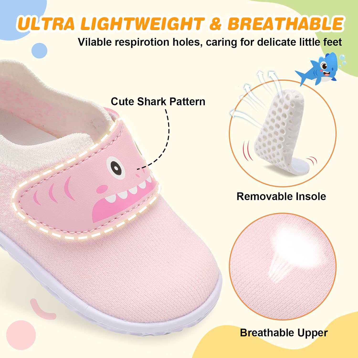image:imageLRUN Baby Barefoot Walking Shoes Cute Shark Breathable LightweightPink