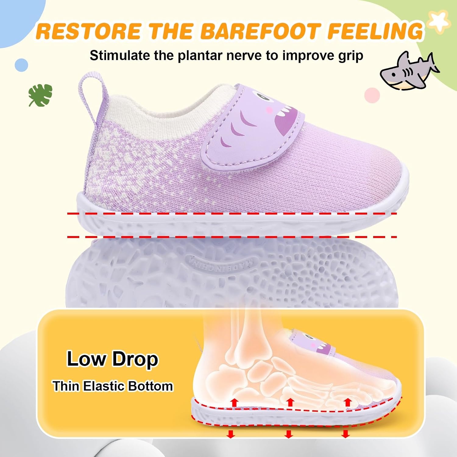 image:imageLRUN Baby Barefoot Walking Shoes Cute Shark Breathable LightweightPurple