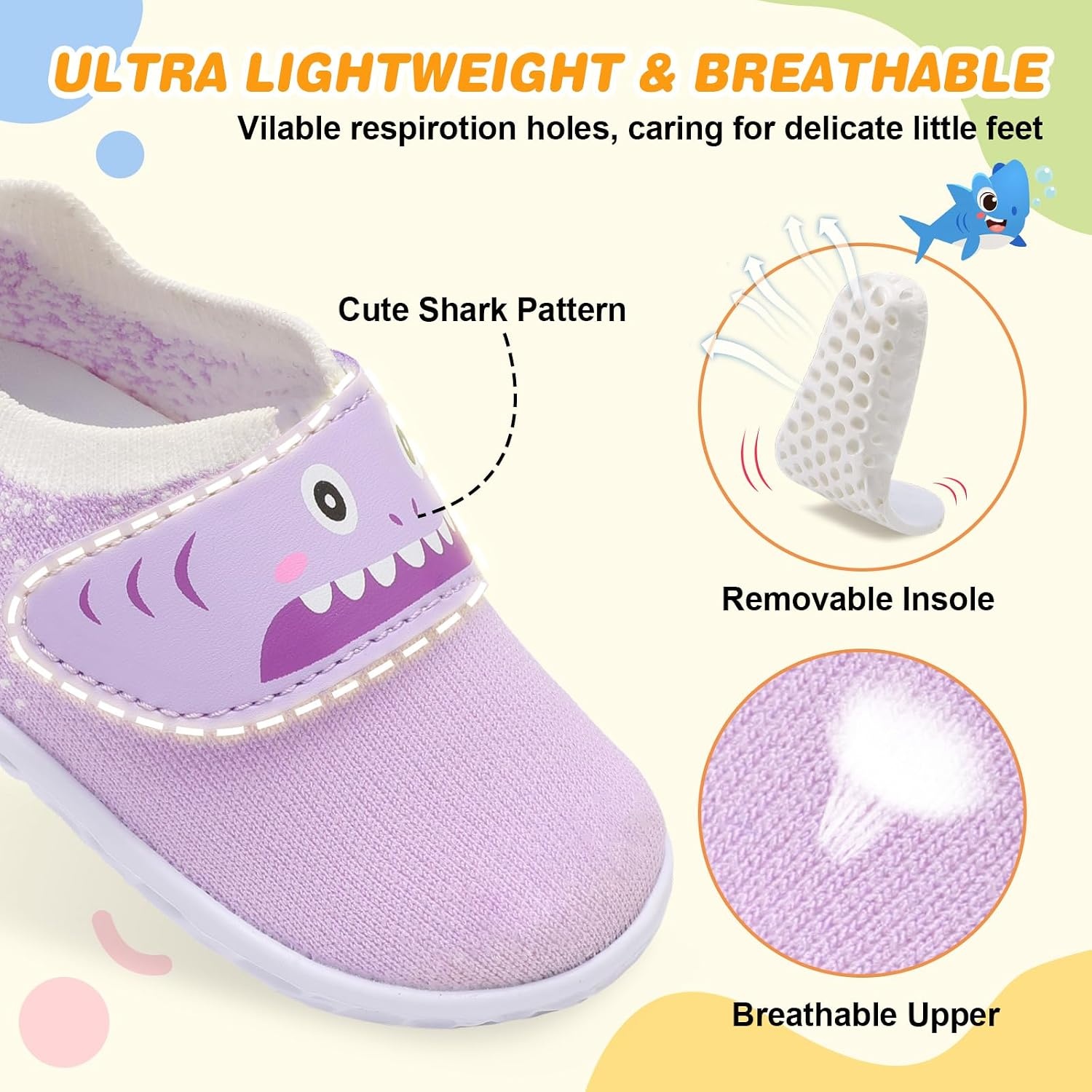 image:imageLRUN Baby Barefoot Walking Shoes Cute Shark Breathable LightweightPurple