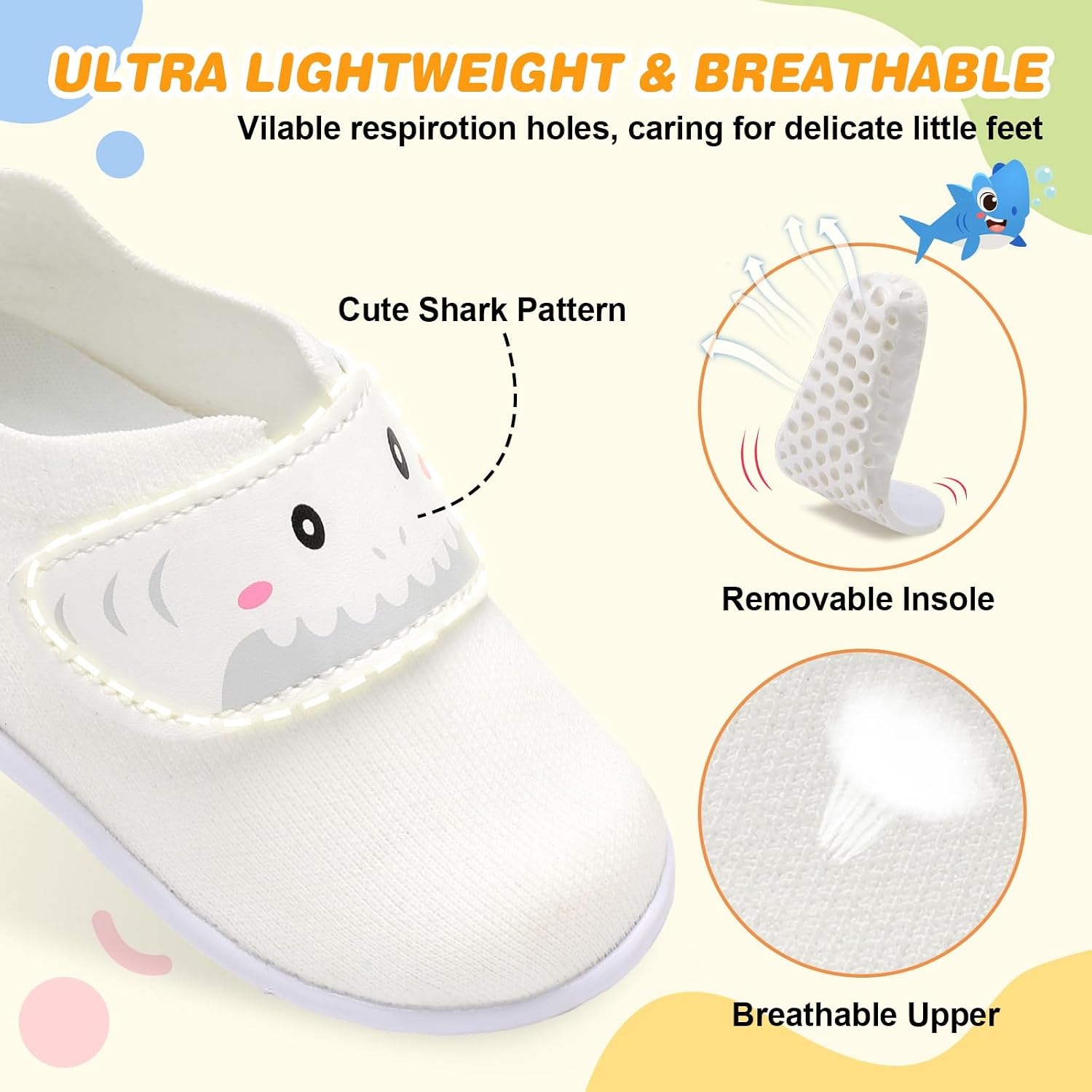 image:imageLRUN Baby Barefoot Walking Shoes Cute Shark Breathable LightweightWhite