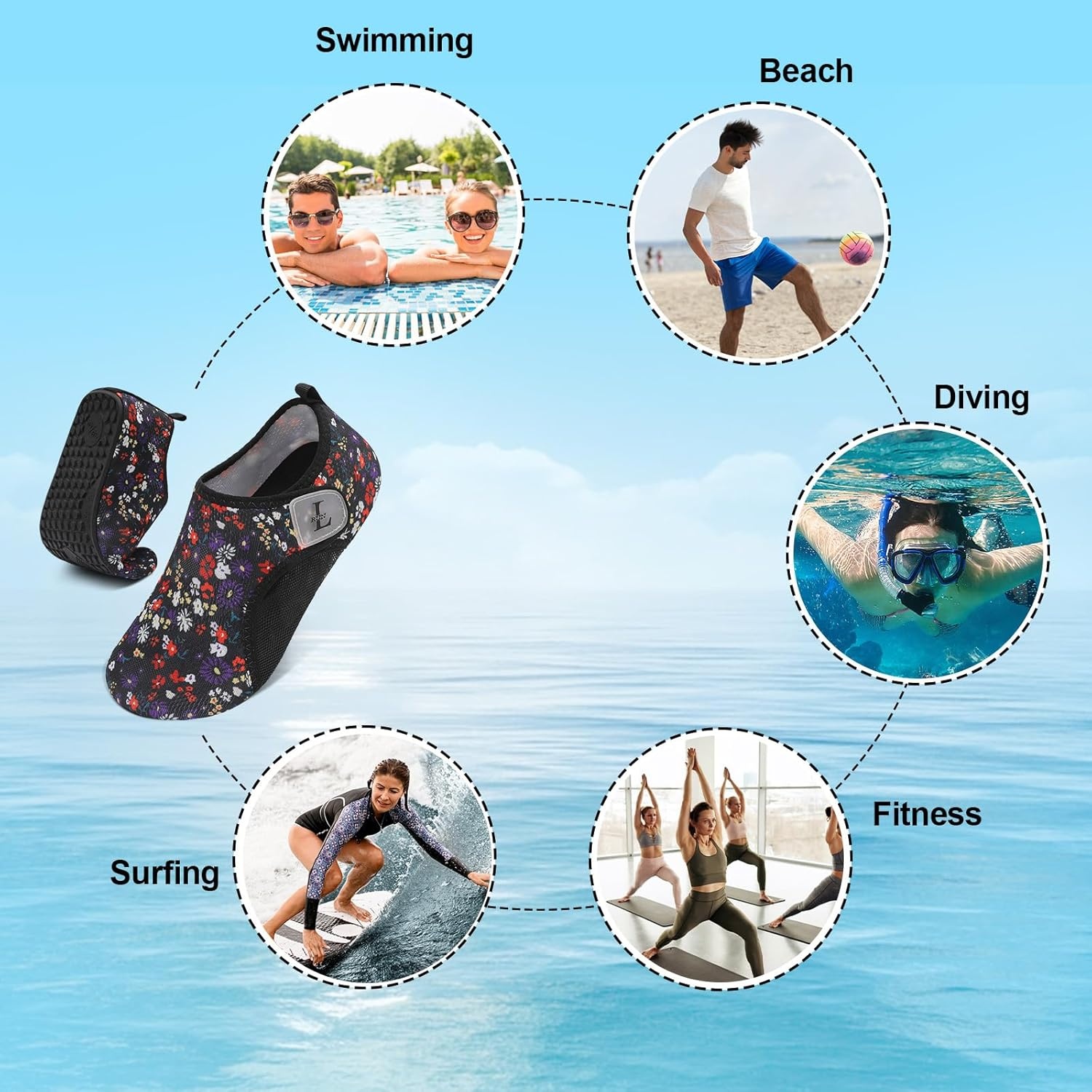 image:imageLRUN Mens Womens Quick Dry Barefoot Water Shoes NonSlip Beach Pool Shoes Breathable Surf Kayak Yoga SneakersBlack Flowers