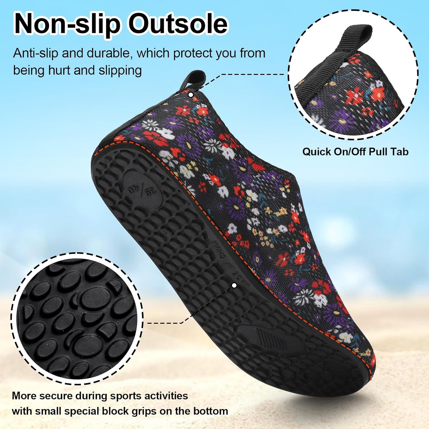 image:imageLRUN Mens Womens Quick Dry Barefoot Water Shoes NonSlip Beach Pool Shoes Breathable Surf Kayak Yoga SneakersBlack Flowers