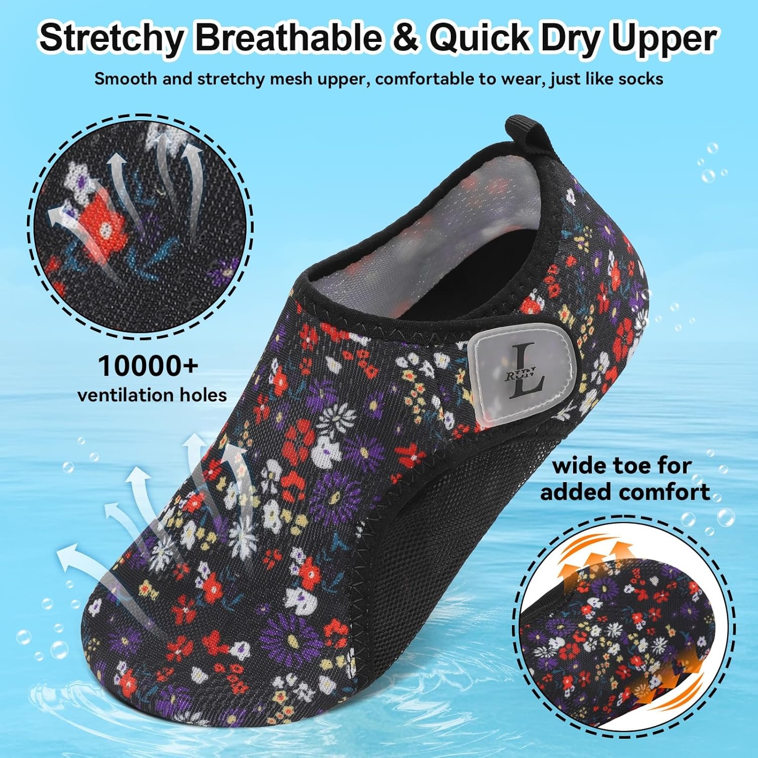 image:imageLRUN Mens Womens Quick Dry Barefoot Water Shoes NonSlip Beach Pool Shoes Breathable Surf Kayak Yoga SneakersBlack Flowers