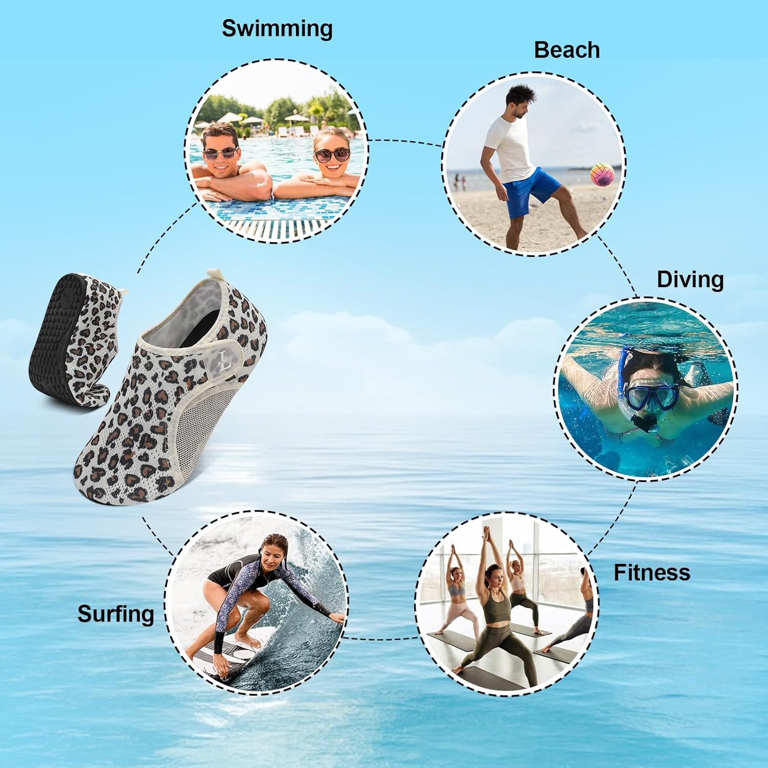 image:imageLRUN Mens Womens Quick Dry Barefoot Water Shoes NonSlip Beach Pool Shoes Breathable Surf Kayak Yoga SneakersLeopard