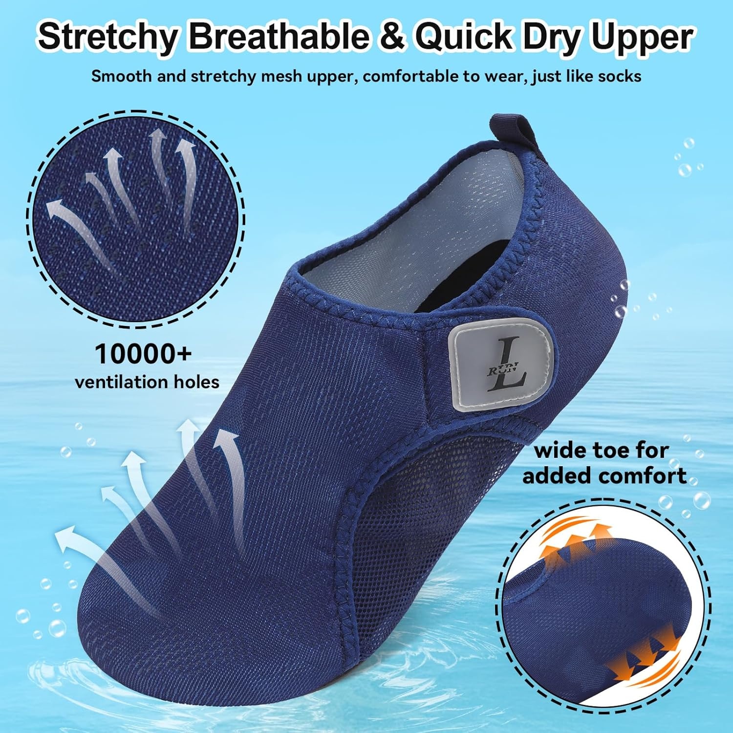 image:imageLRUN Mens Womens Quick Dry Barefoot Water Shoes NonSlip Beach Pool Shoes Breathable Surf Kayak Yoga SneakersNavy