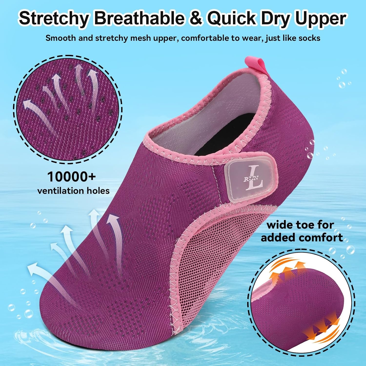 image:imageLRUN Mens Womens Quick Dry Barefoot Water Shoes NonSlip Beach Pool Shoes Breathable Surf Kayak Yoga SneakersPurple