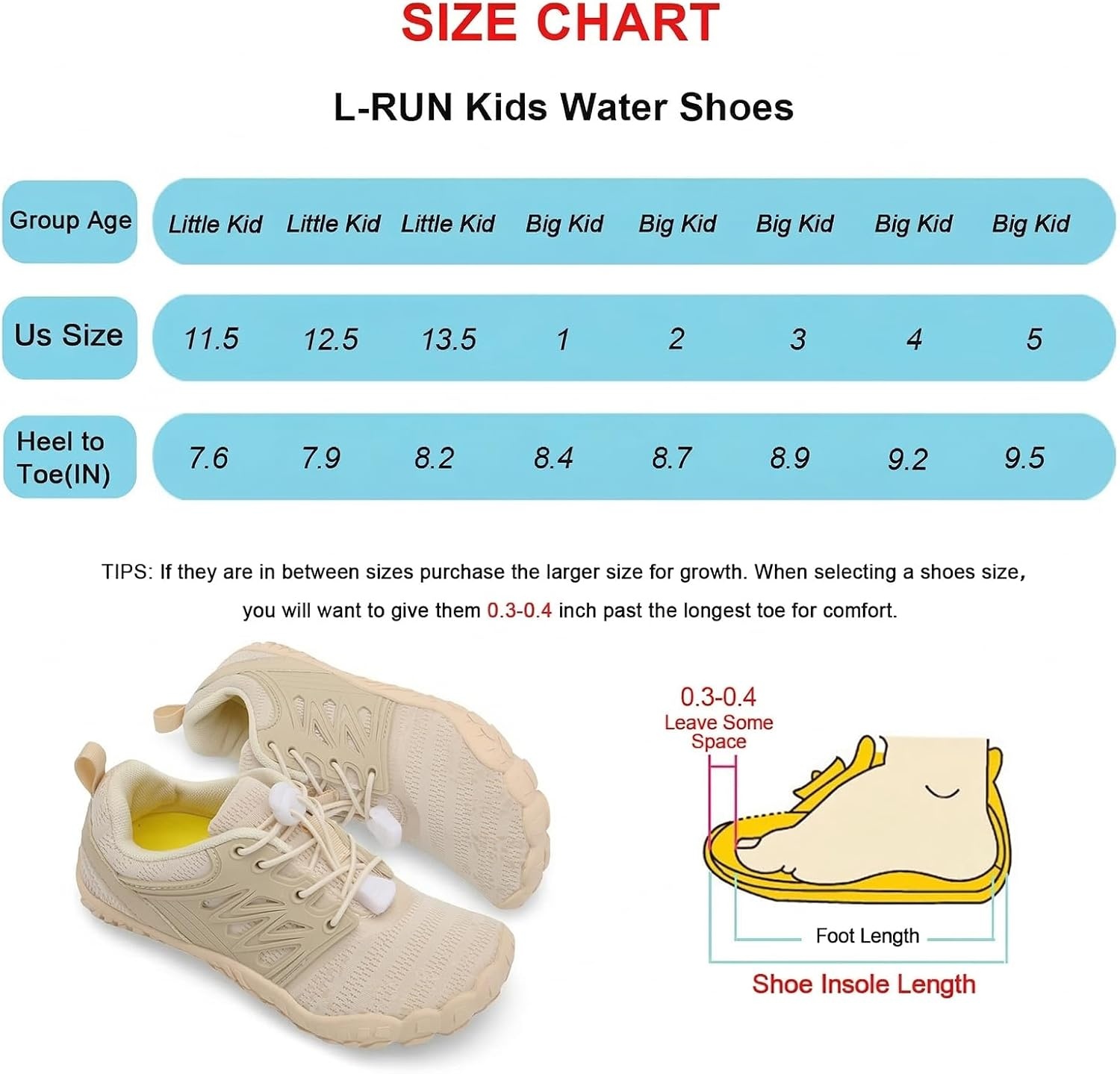 image:imageLRUN Kids Water Shoes Quick Dry Boys Girls Barefoot Shoes for Beach Pool Sand NonSlip Outdoor Athletic Walking SneakerBeige