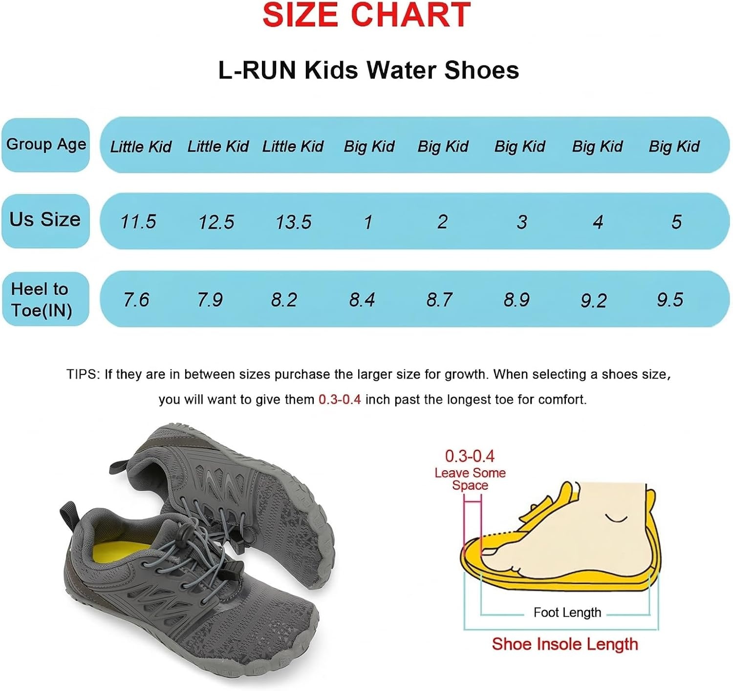 image:imageLRUN Kids Water Shoes Quick Dry Boys Girls Barefoot Shoes for Beach Pool Sand NonSlip Outdoor Athletic Walking SneakerDark Grey
